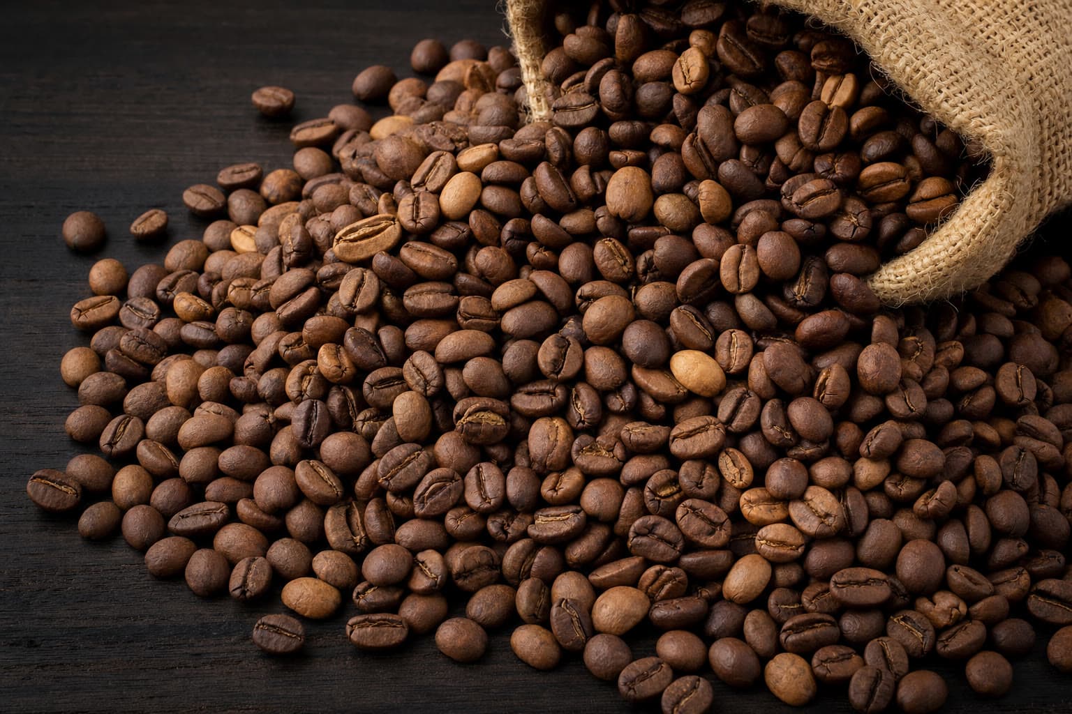Roasted coffee beans in a burlap sack