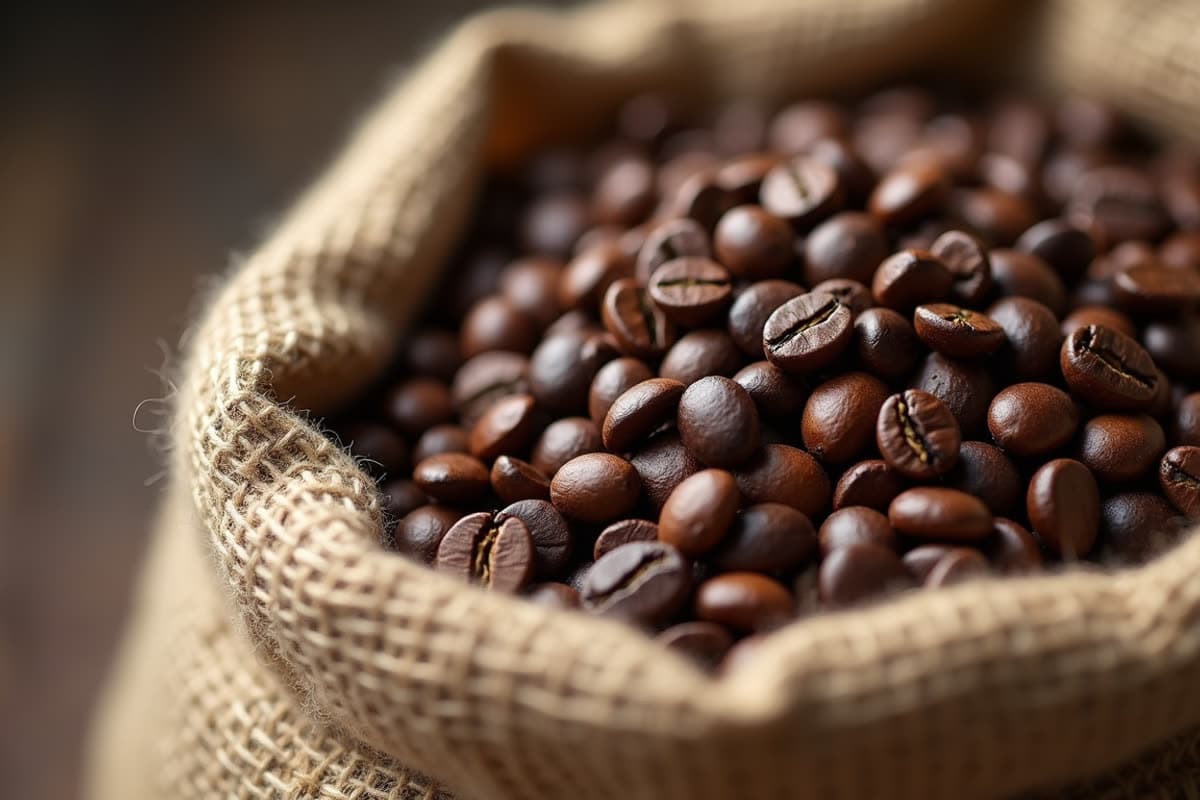 Close-up view of roasted coffee beans in a burlap sack