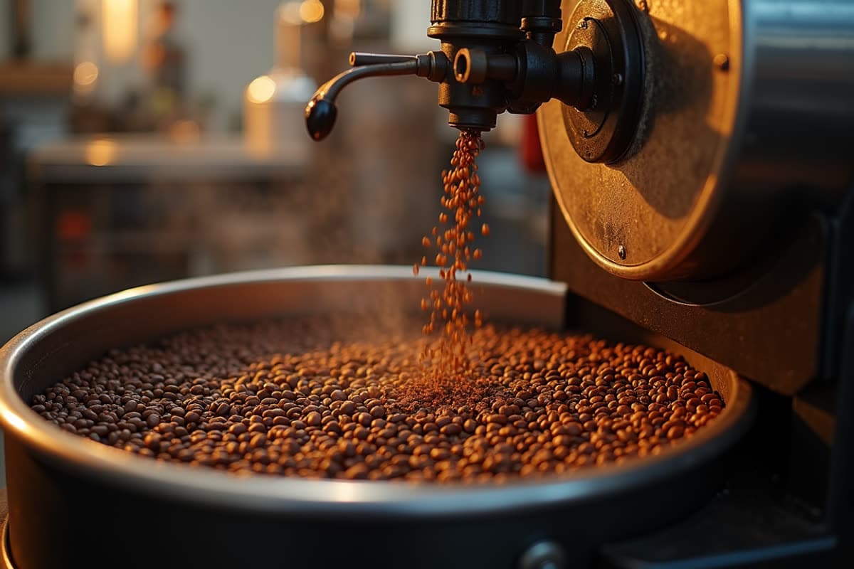 Eye-level view of coffee roasting machine in action