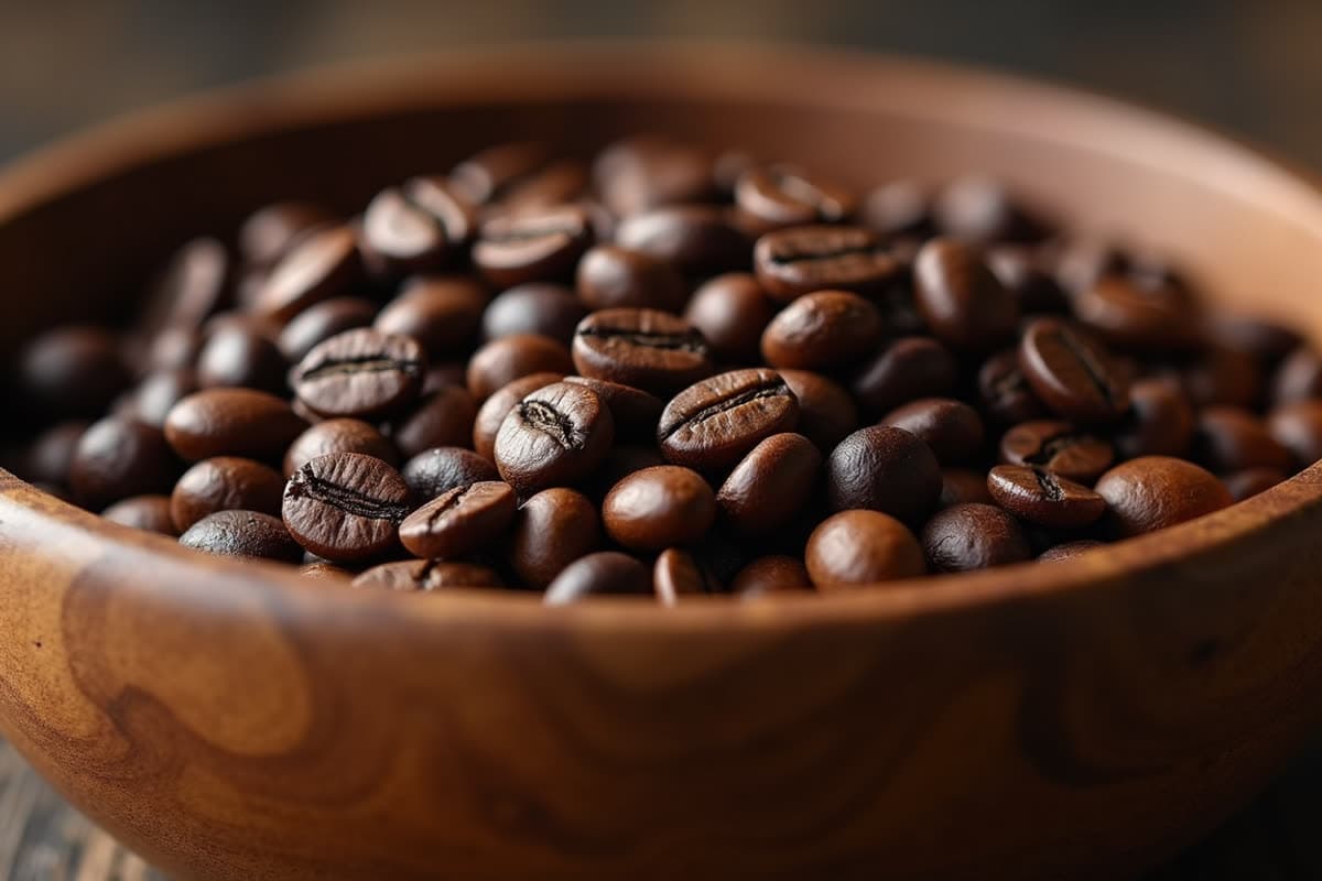 Close-up view of roasted coffee beans in a wooden bowl