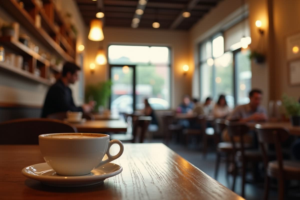 Eye-level view of a cozy coffee shop interior with wooden tables and warm lighting
