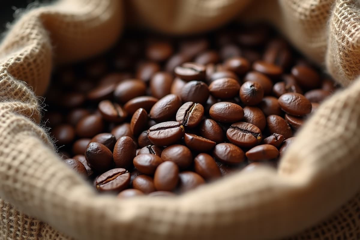 Close-up view of freshly roasted whole coffee beans in a burlap sack