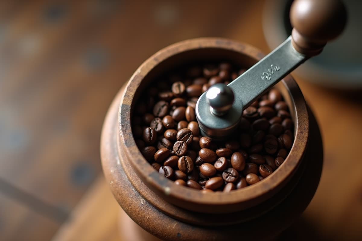 Eye-level view of a manual coffee grinder with whole beans ready to be ground