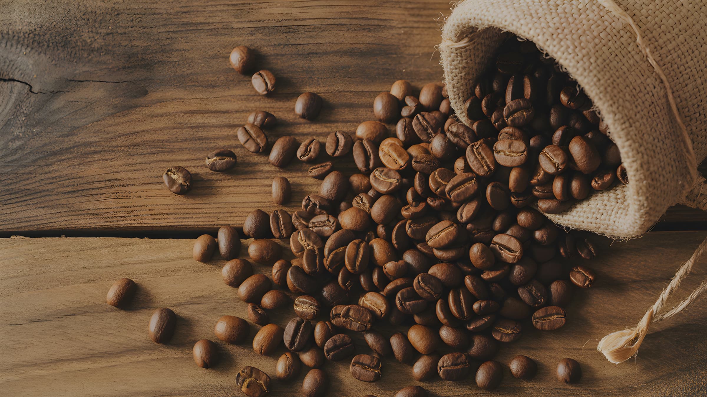 Roasted coffee beans spilling from a burlap sack onto a wood table